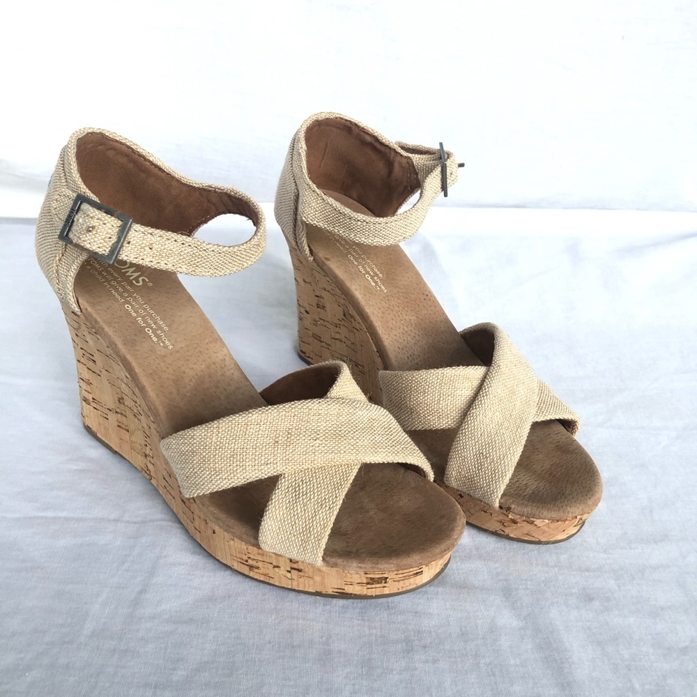 TOMS Fabric Cork Wedge Sandal cross strap heel